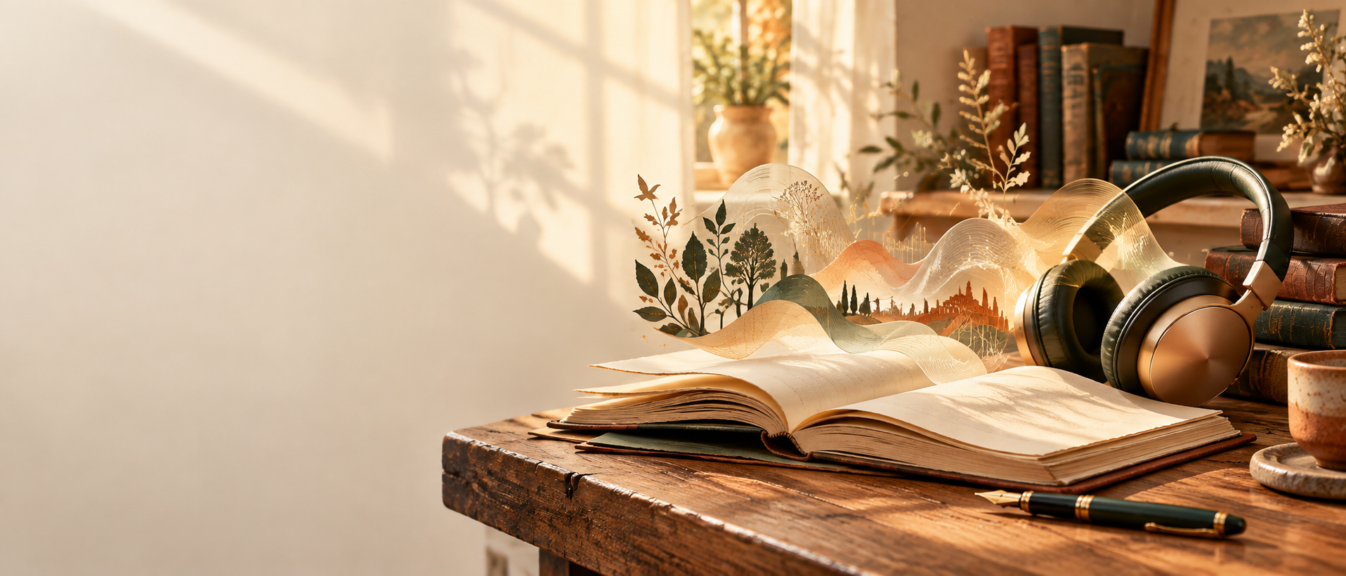 An open book transforming into an imagined soundscape beside headphones